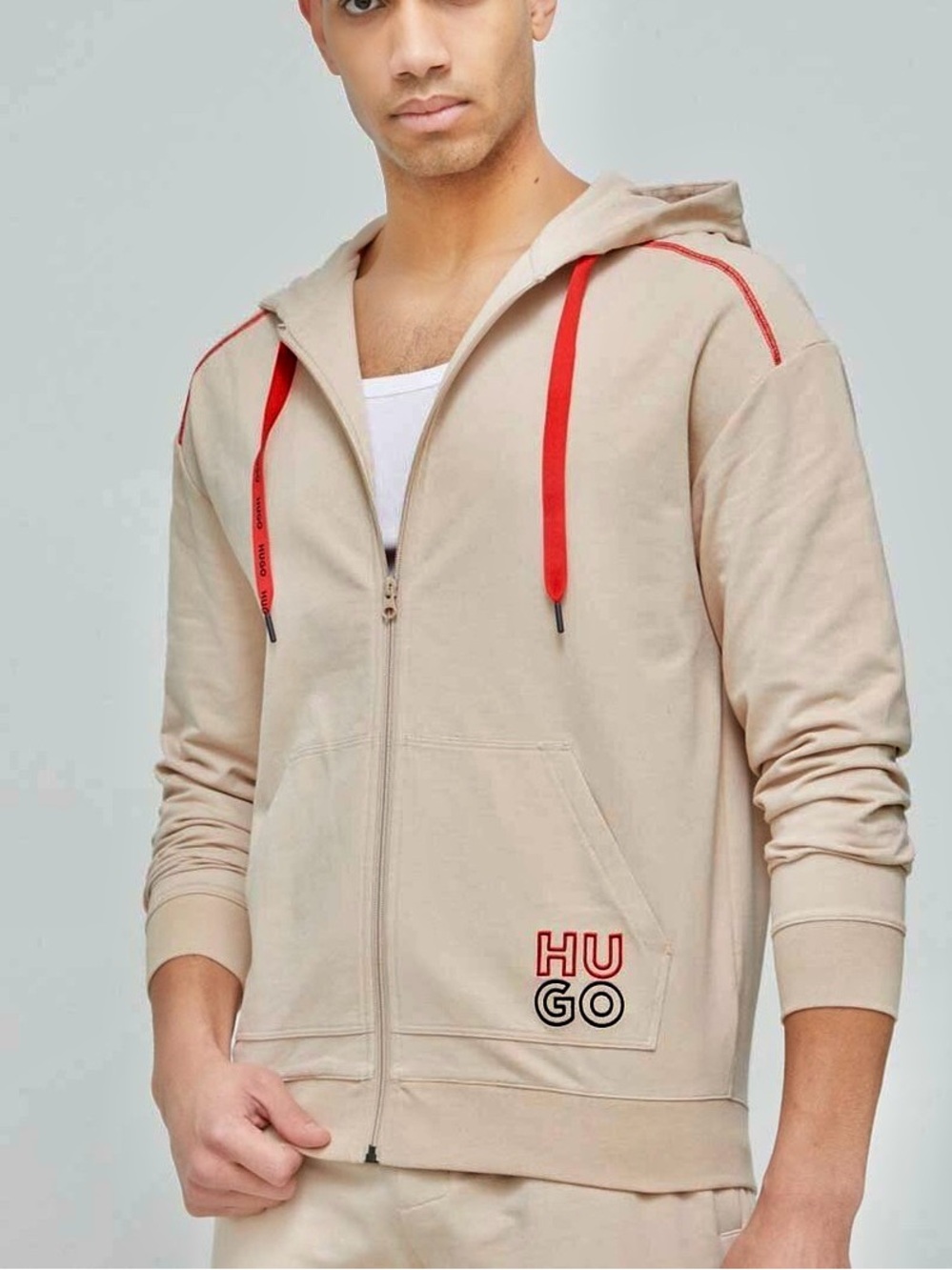 Hugo Boss Stacked‎ Logo Jacket Hoodie Full Zip Beige Men’s XXL